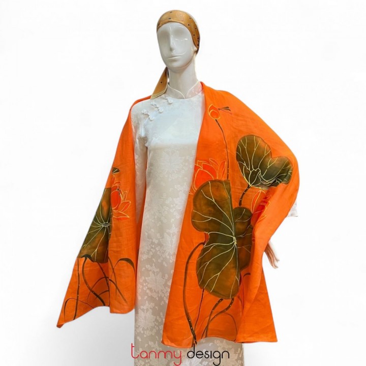 Khăn gai dài màu cam đậm vẽ tay hình hoa sen 70*190cm